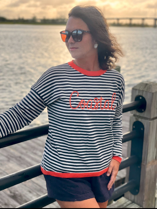 Coastal Embroidered Navy Stripe Knit Sweater